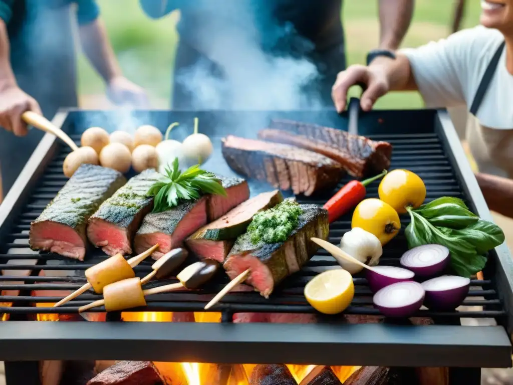 Expertos parrilleros preparando un asado uruguayo con ingredientes de primera en una parrilla al aire libre