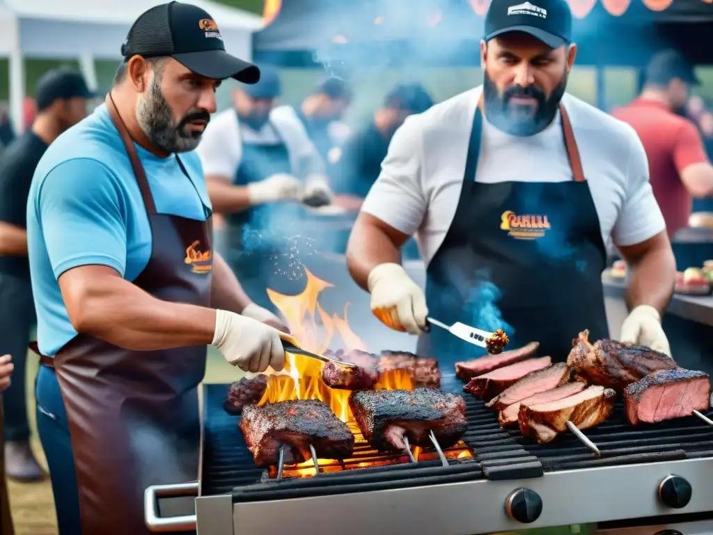 Expertos parrilleros compitiendo en un concurso de barbacoa, deslumbrando con sus habilidades