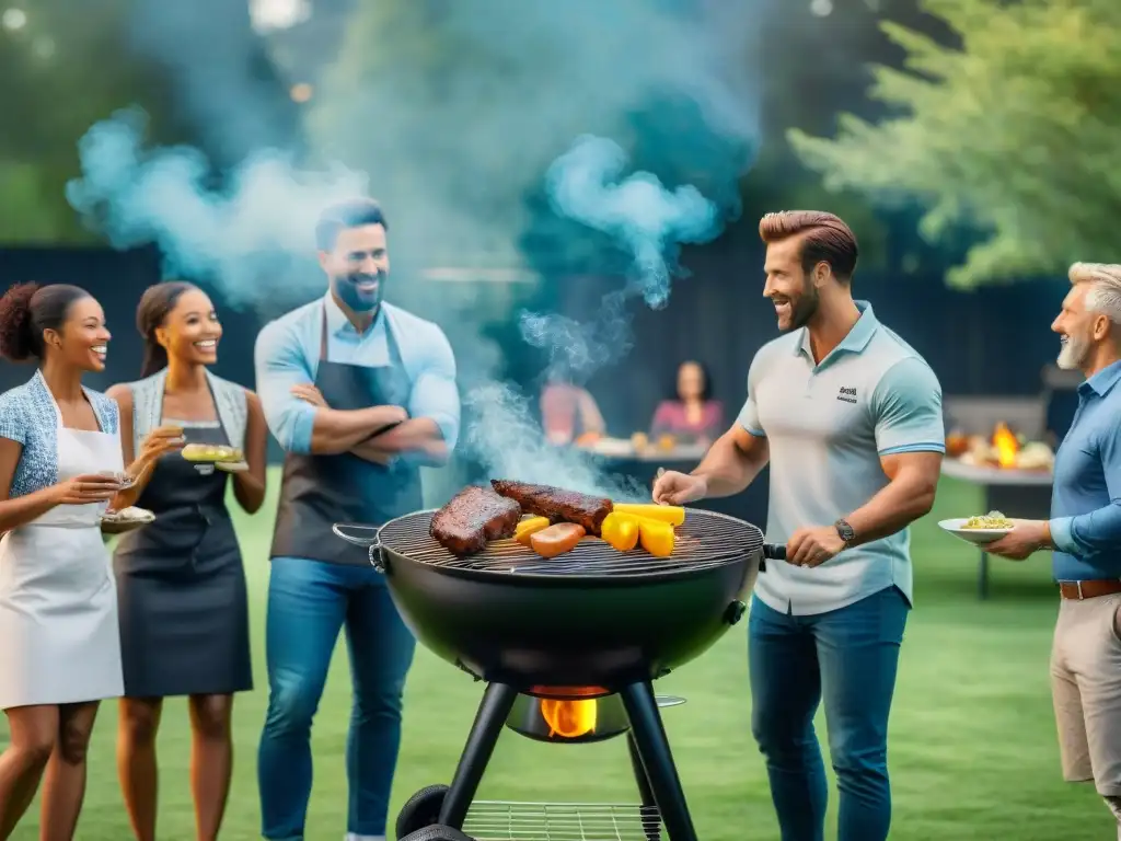 Diversos expertos y parrilleros colaboran en un evento de barbacoa, reflejando estrategias colaborativas en patrocinio de asados