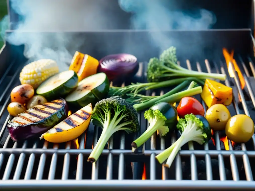 Una explosión de coloridas verduras asadas sobre la parrilla, técnicas asado vegano innovador