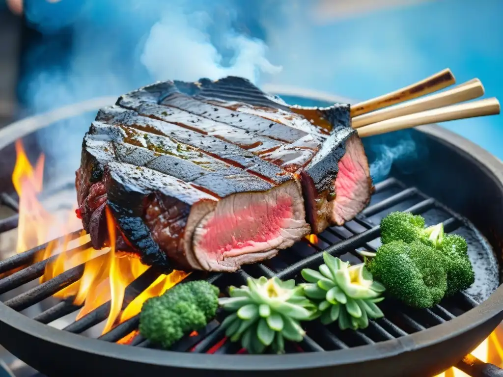 Una exquisita carne exótica para asado gourmet en parrilla uruguaya con chimichurri y vegetales a la parrilla bajo cielo azul