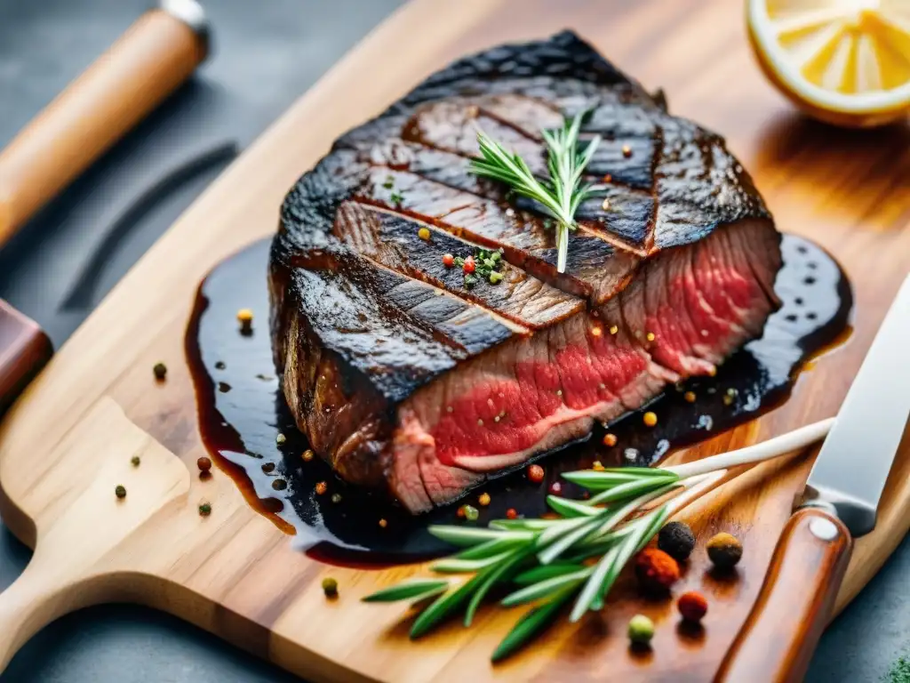 Exquisita carne Wagyu en la parrilla con utensilios de lujo, evocando la guía para asar carnes exóticas