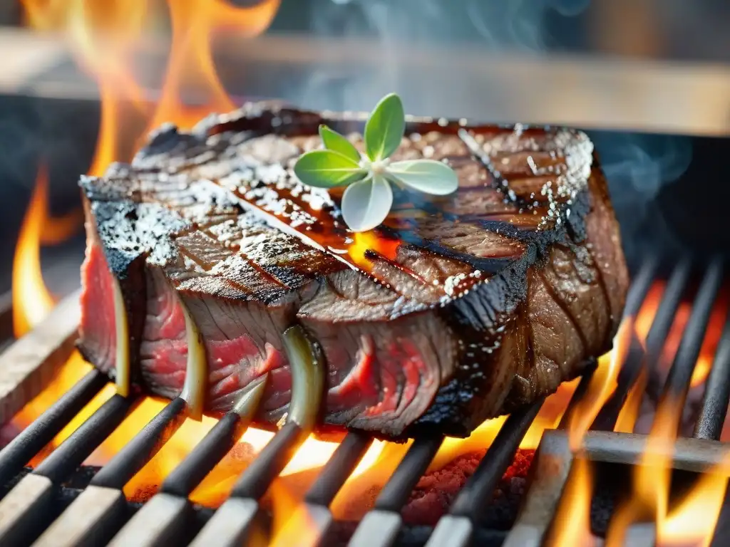 Exquisita carne Wagyu asándose en parrilla, resaltando calidad premium