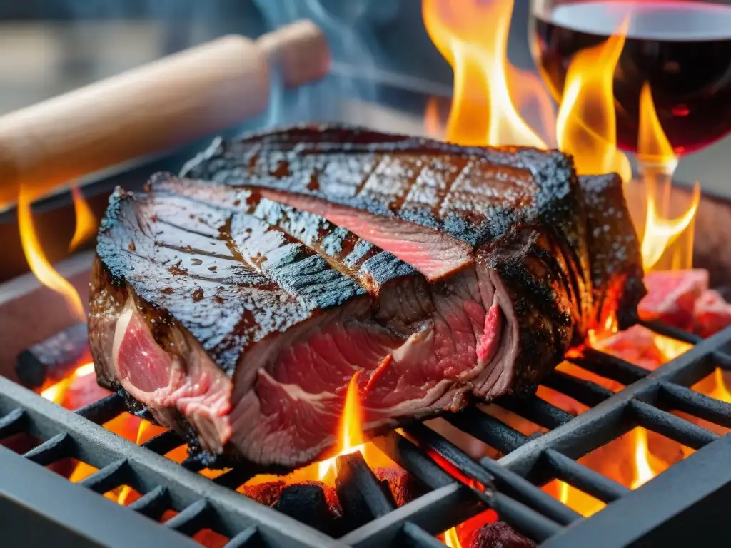 Exquisita carne Wagyu a la parrilla con vino tinto, técnicas alta cocina para asado