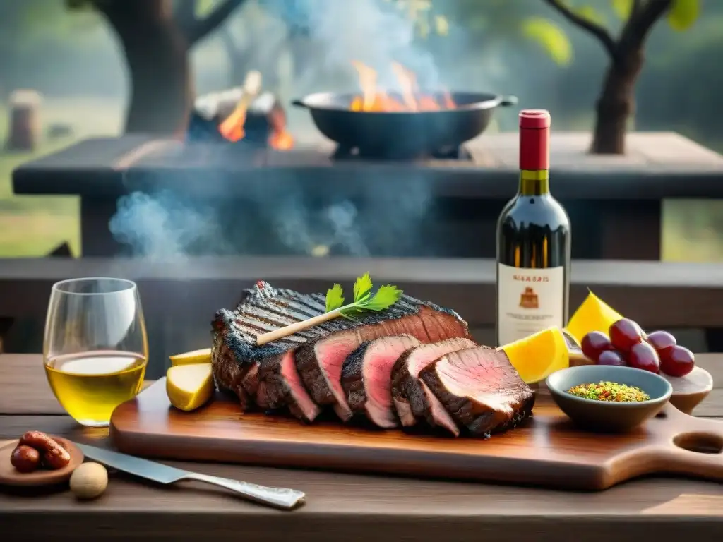 Exquisita cata de vinos en asado uruguayo con mesa de madera rústica y productos locales bajo la cálida luz del sol