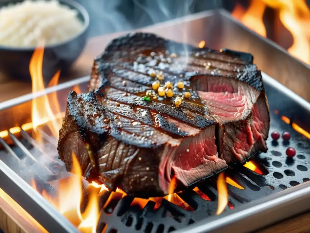 Una exquisita chuleta de Wagyu dorada a la parrilla con vino