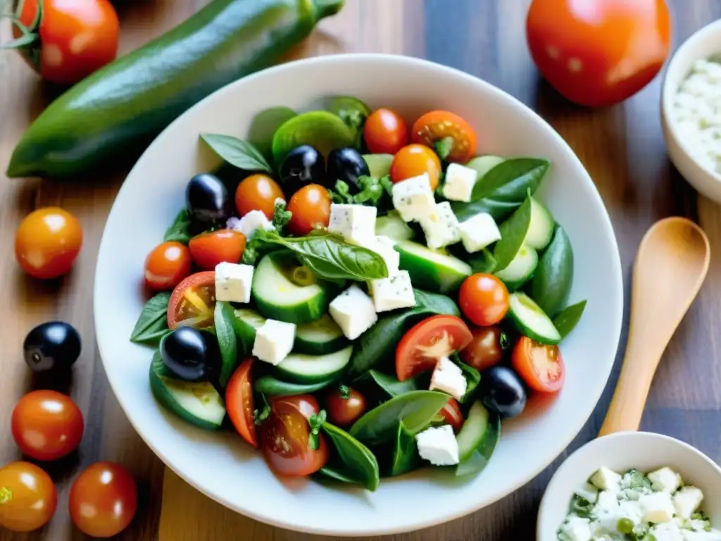 Una exquisita ensalada griega con ingredientes frescos, perfecta para un asado uruguayo