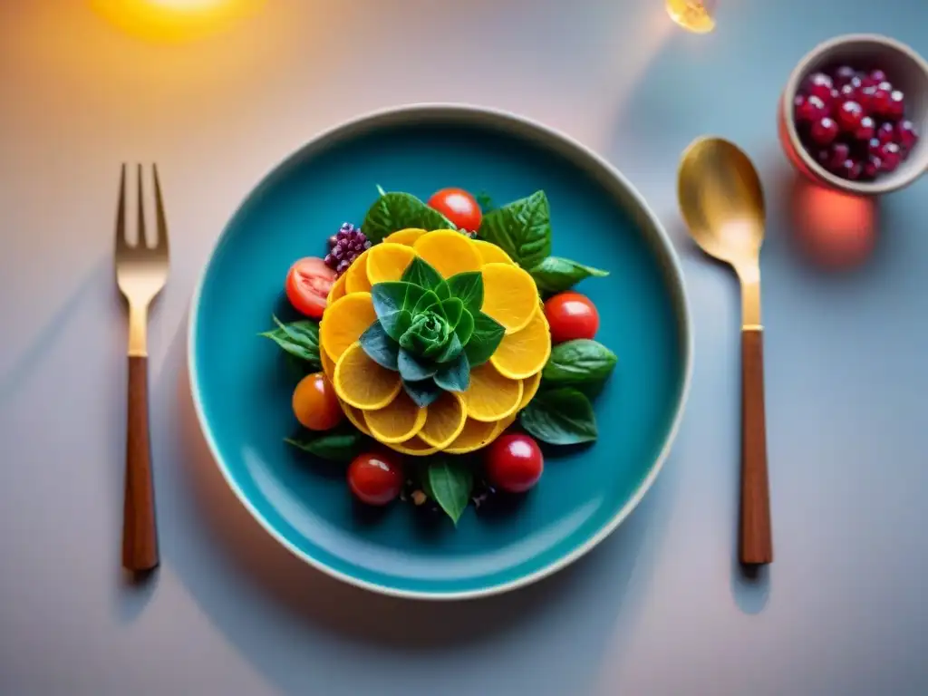 Una exquisita foto gastronómica en redes sociales, con un plato bellamente decorado y colores vibrantes