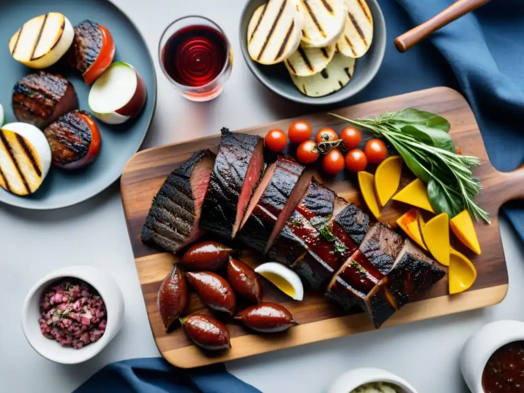 Una exquisita fusión de influencia europea en maridajes asado con cortes de carne, ensalada caprese, pan de ajo y vino tinto en mesa rústica