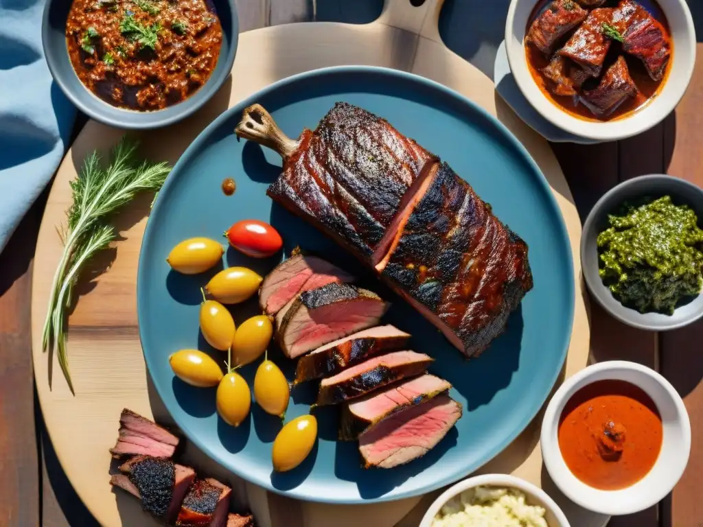 Una exquisita imagen de un asado uruguayo para impresionar, con carnes jugosas y acompañamientos tradicionales, bañados en cálida luz dorada