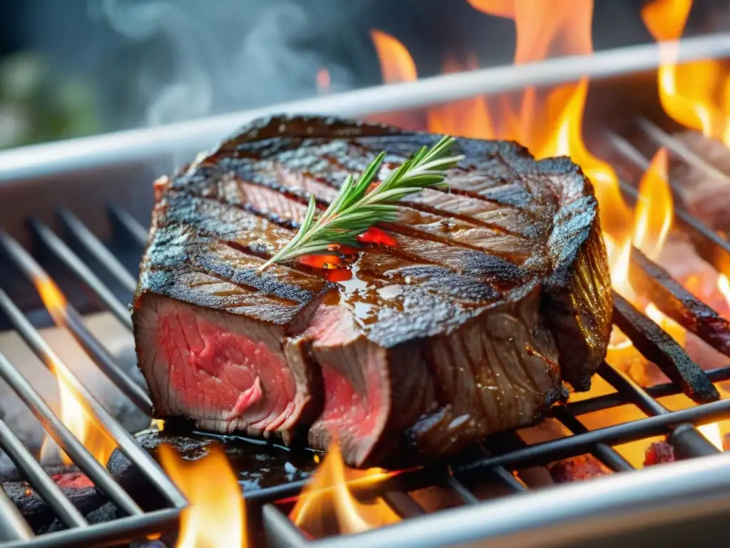 Una exquisita imagen de un filete de Wagyu perfectamente sazonado y sellado en una parrilla caliente, rodeado de hierbas frescas y especias