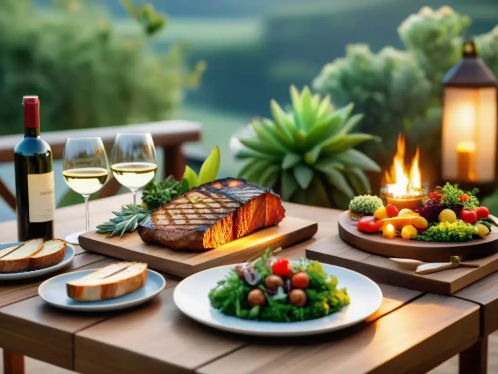 Exquisita mesa para asado al aire libre con vinos de autor y deliciosas comidas a la parrilla