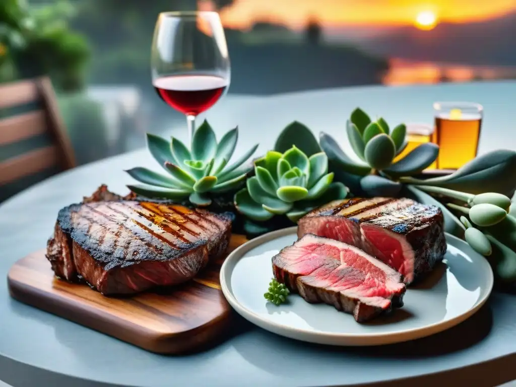 Exquisita mesa de asado al aire libre con los mejores vinos para asado uruguayo