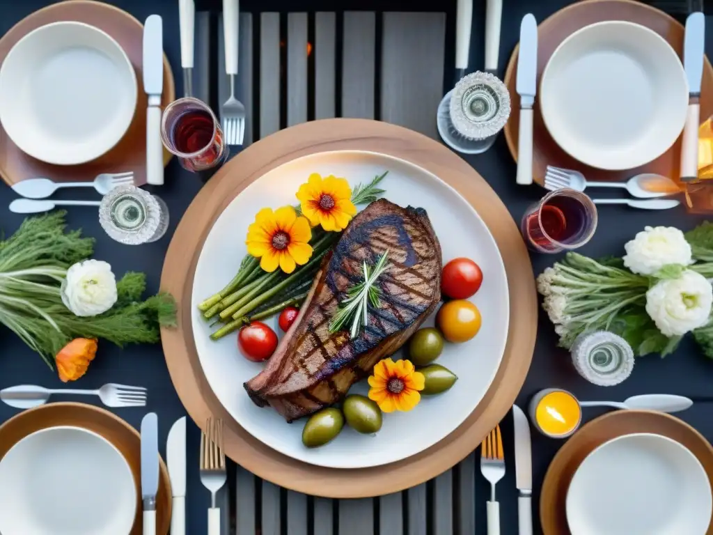 Exquisita mesa para asado gourmet al aire libre, con elegante vajilla blanca y decoración refinada