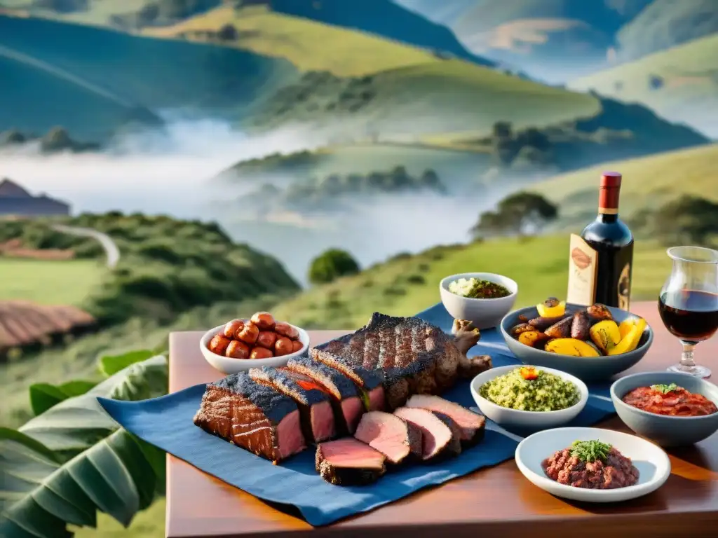 Exquisita mesa de asado uruguayo al aire libre con paisaje campestre