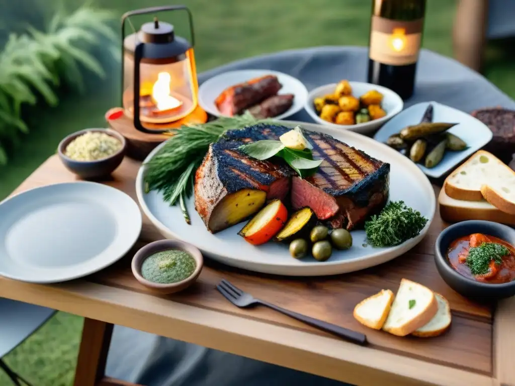 Exquisita mesa de asado uruguayo con variedad de cortes de carne a la parrilla, chimichurri y vinos finos