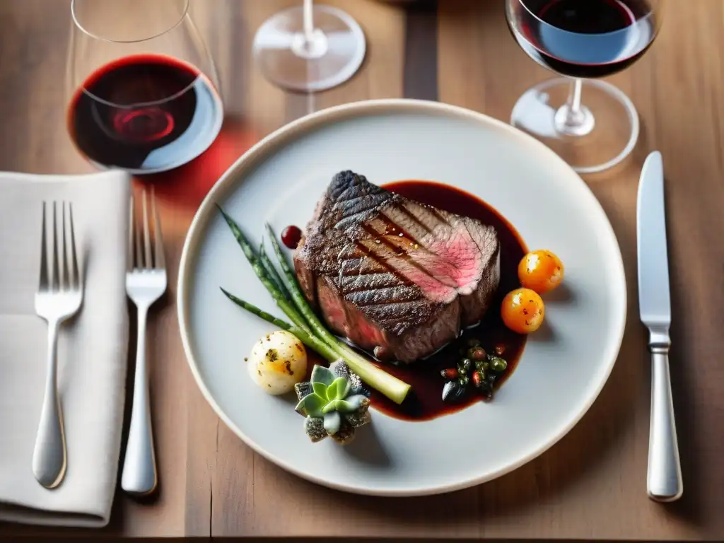 Una exquisita mesa de comedor con maridaje carne uruguaya vino en un ambiente acogedor y rústico