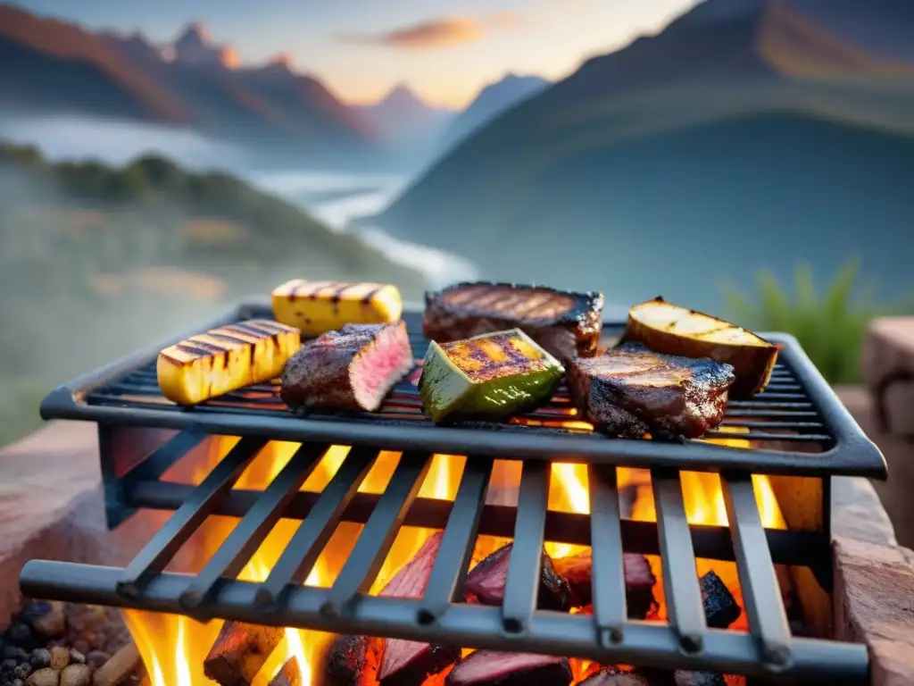 Exquisita parrilla andina con carne de llama asada receta, enmarcada por los imponentes paisajes de los Andes al atardecer