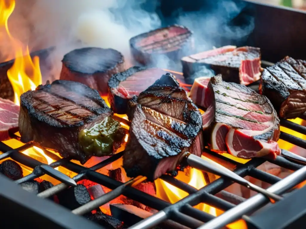 Exquisita parrilla con carnes de importación: Wagyu, cerdo ibérico y cordero australiano, creando una escena apetitosa