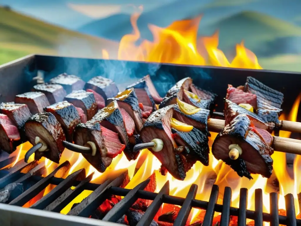 Exquisita parrilla uruguaya con carnes exóticas asándose, en un escenario campestre