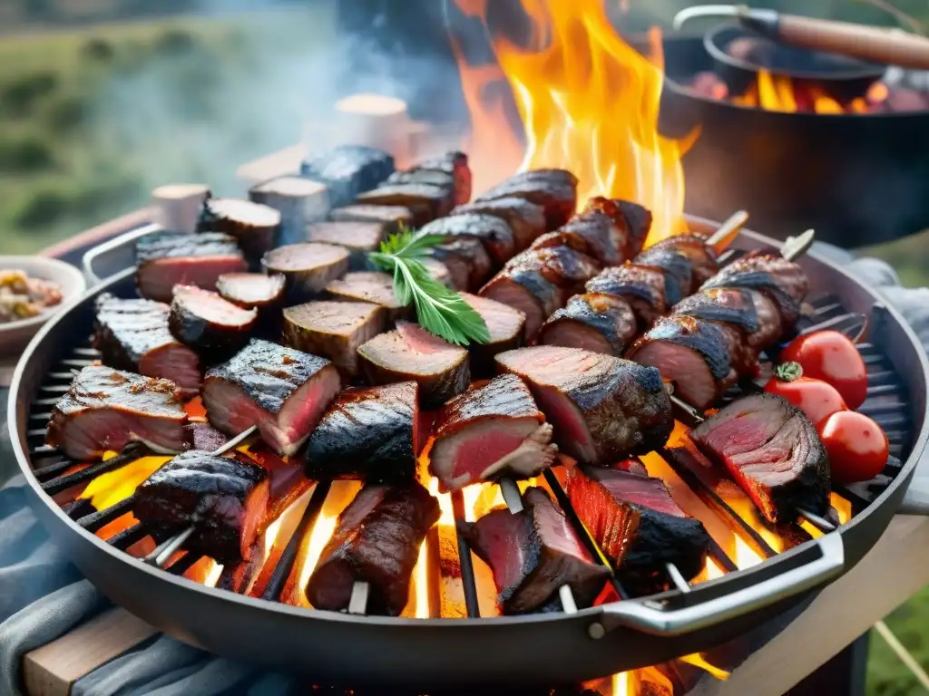 Exquisita parrilla uruguaya con los mejores cortes de carne, rodeada de fuego y humo en el campo