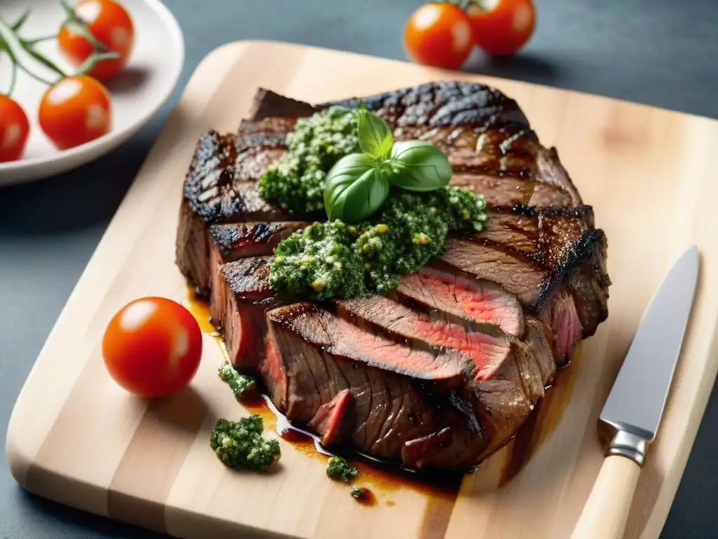 Exquisita parrillada en Montevideo histórico: jugoso bistec con chimichurri y vegetales frescos en tabla rústica