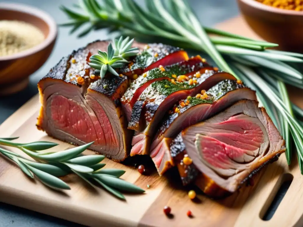 Exquisita preparación de tira de asado en tabla de madera con hierbas y especias vibrantes