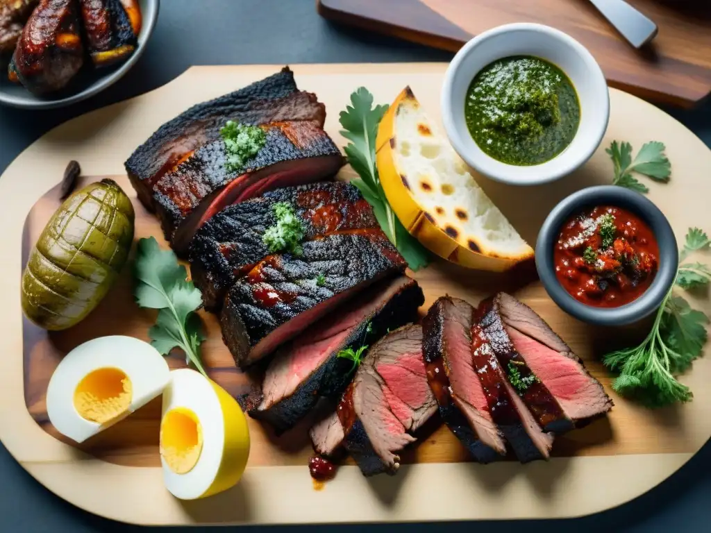 Una exquisita presentación de asado uruguayo, donde la carne y sus acompañamientos resaltan como obras de arte culinario