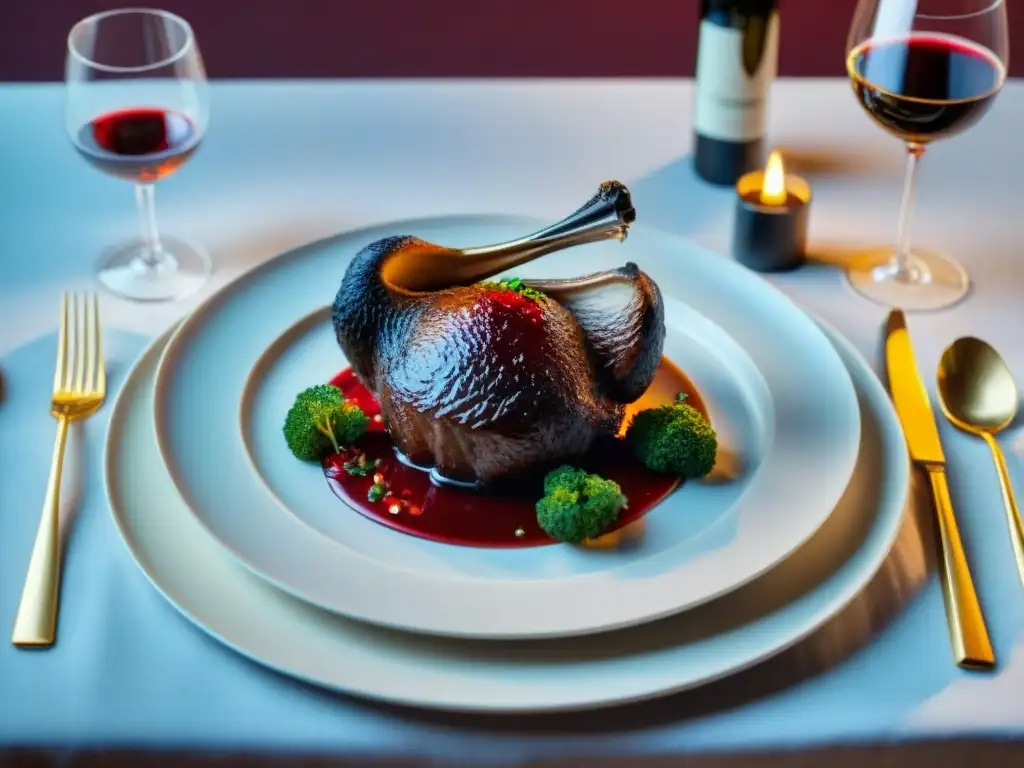 Una exquisita presentación de un plato de avestruz asado con técnicas que sorprenden, en un ambiente de lujo y sofisticación