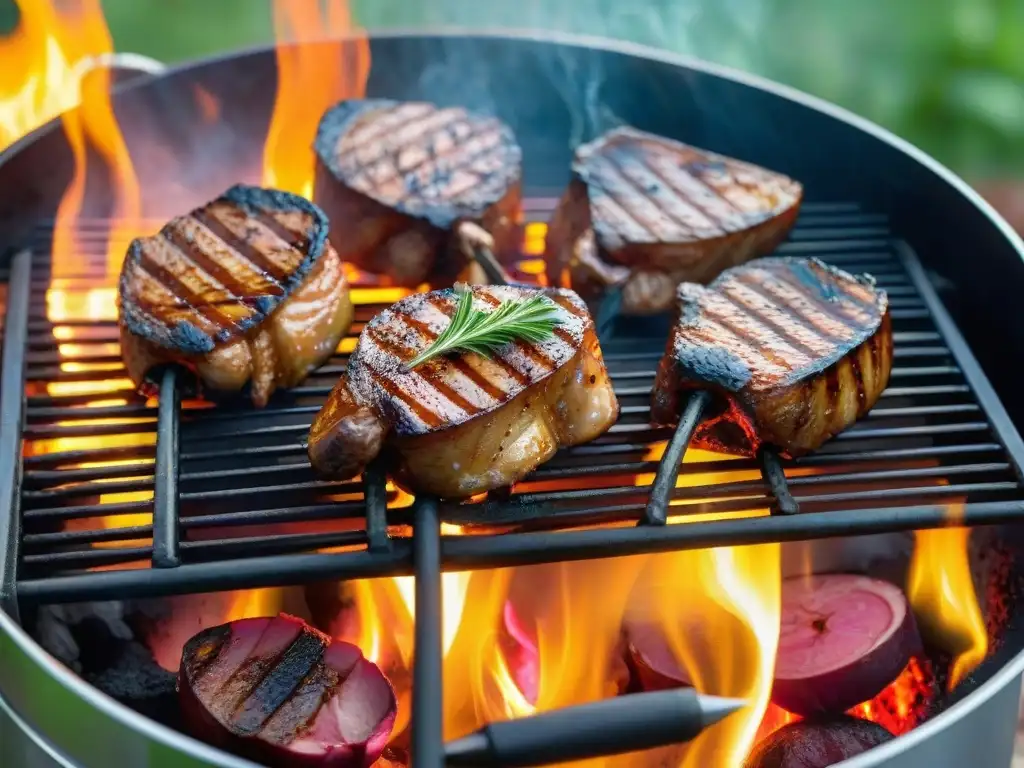 Exquisita receta de riñones con vino tinto en parrilla, ambiente cálido al atardecer