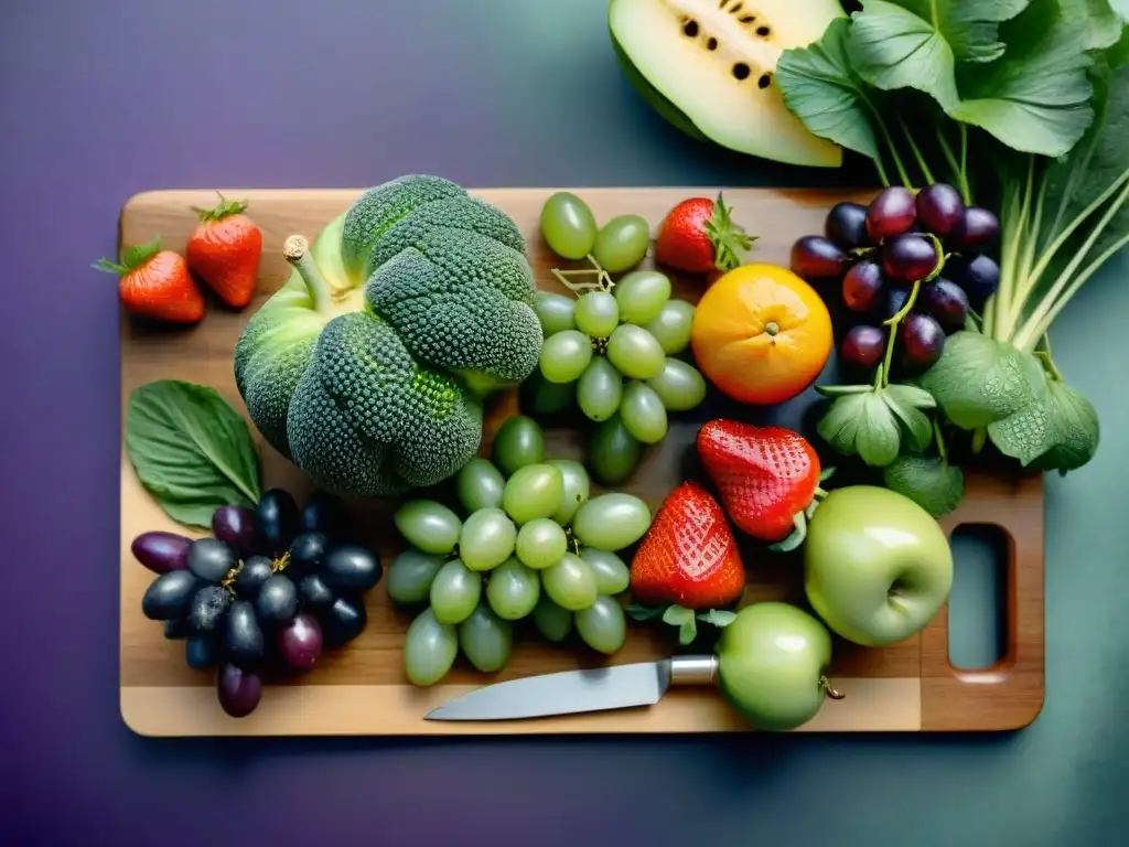 Una exquisita selección de frutas y verduras frescas en tabla de madera, lista para una comida equilibrada antes de un asado