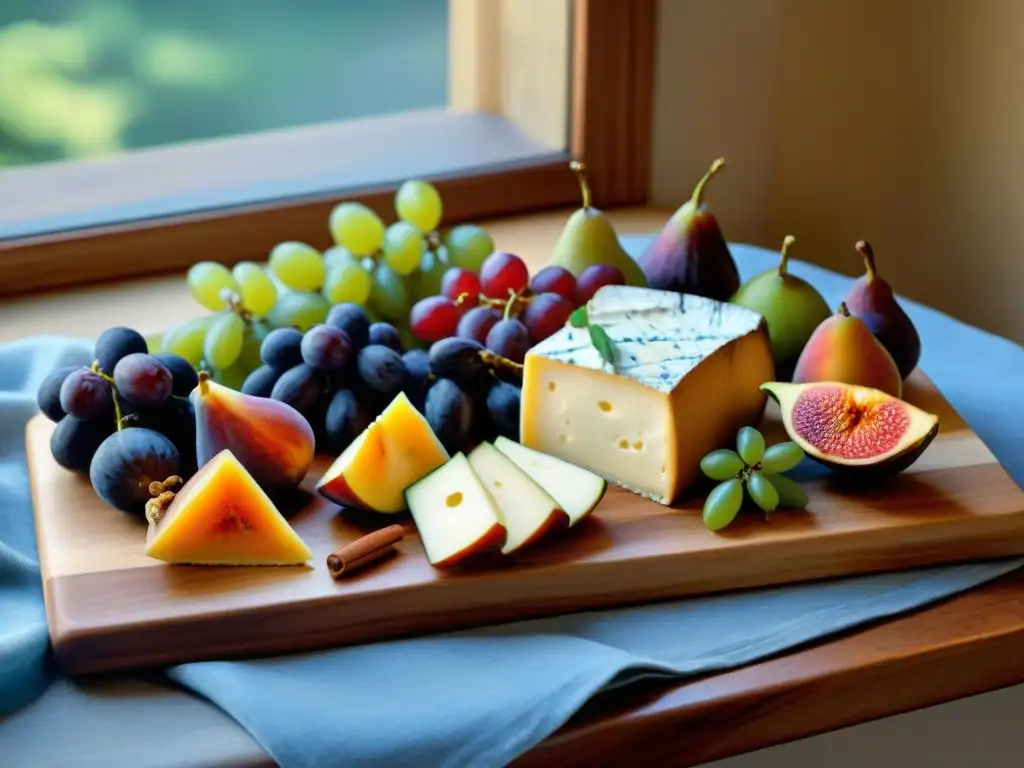 Una exquisita tabla de madera rústica con frutas y quesos artesanales, bañados por luz solar