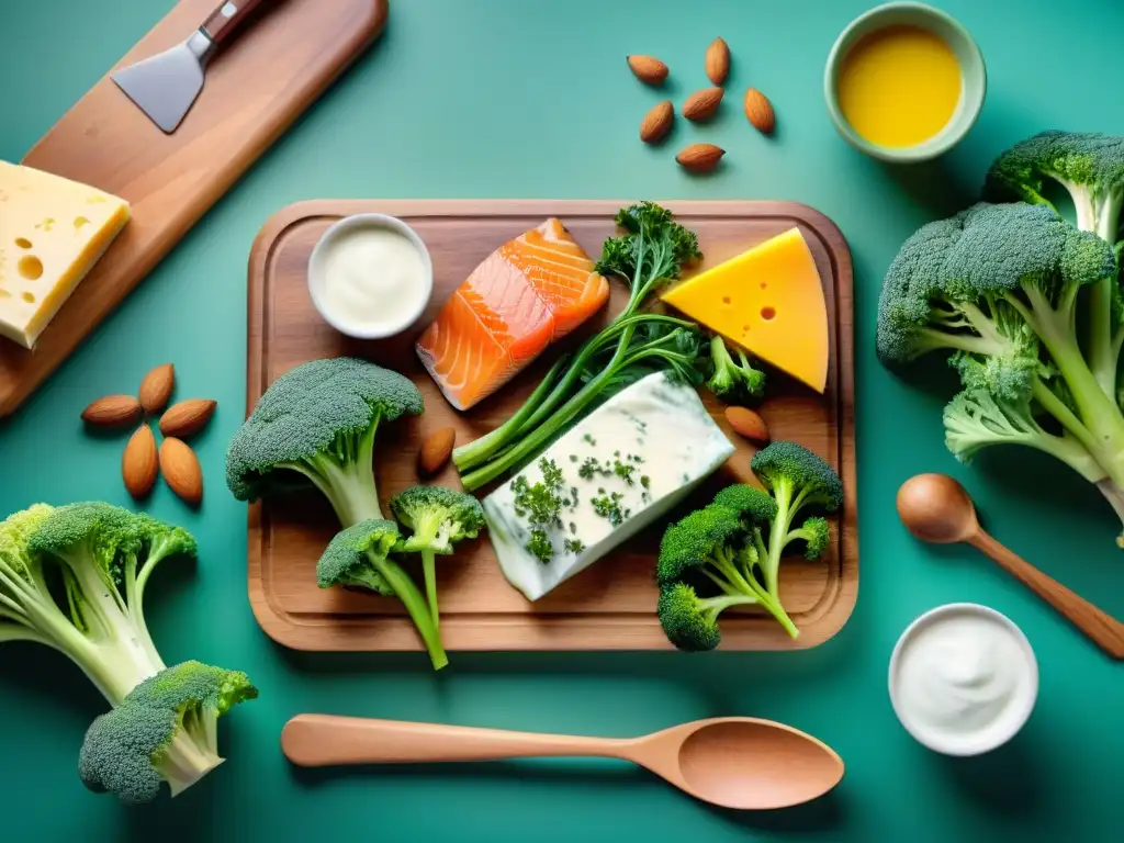 Una exquisita variedad de alimentos para fortalecer huesos asados, en una tabla de madera con hierbas ricas en calcio