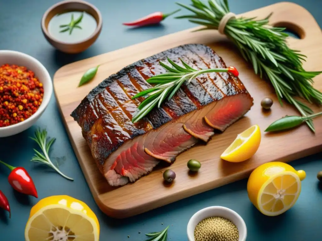 Una exquisita variedad de carnes marinadas en un tablero de madera, rodeadas de ingredientes frescos y coloridos