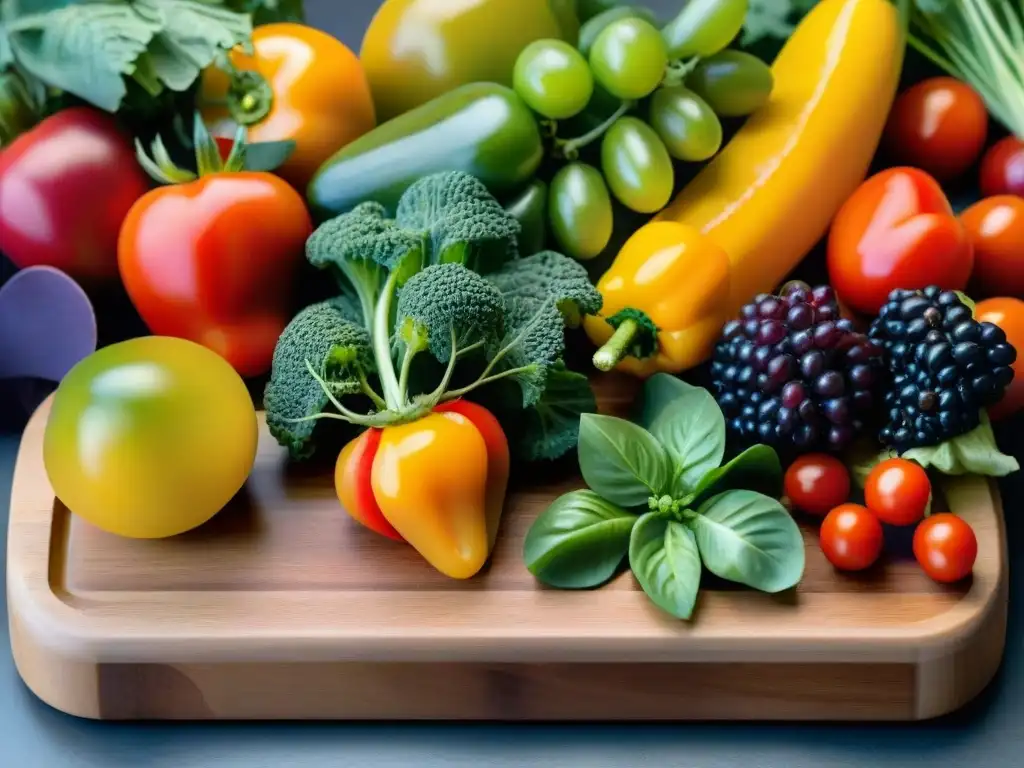 Una exquisita variedad de frutas y verduras frescas en tabla de madera