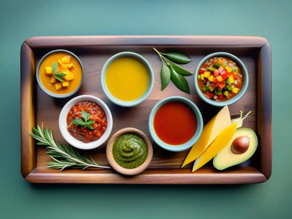 Una exquisita variedad de salsas y aderezos para asado en bowls de vidrio sobre una mesa rústica de madera