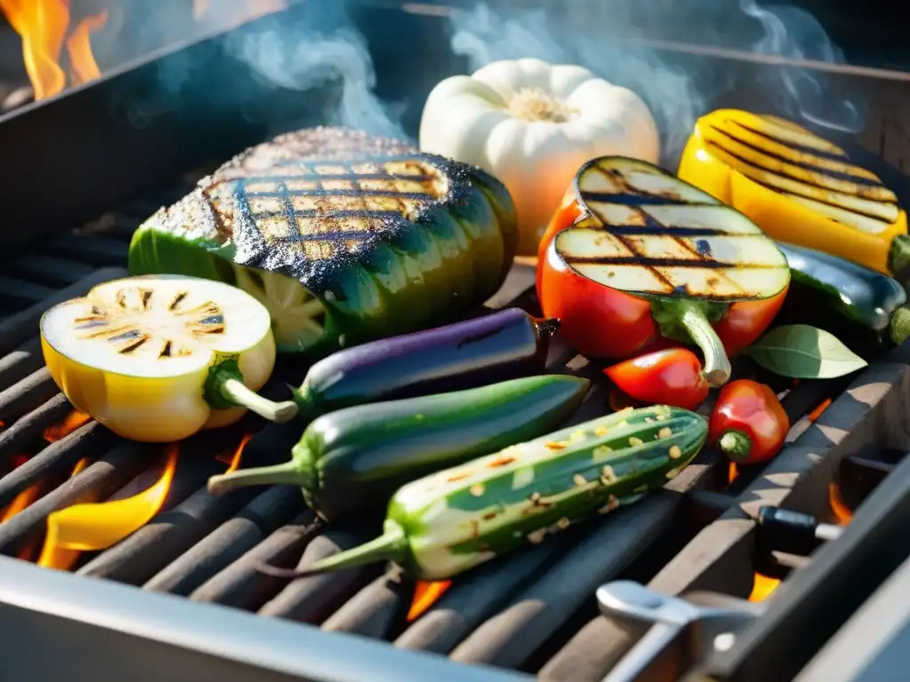 Una exquisita variedad de verduras asadas en la parrilla, glistening con aceite de oliva y hierbas frescas, emitendo un aroma tentador