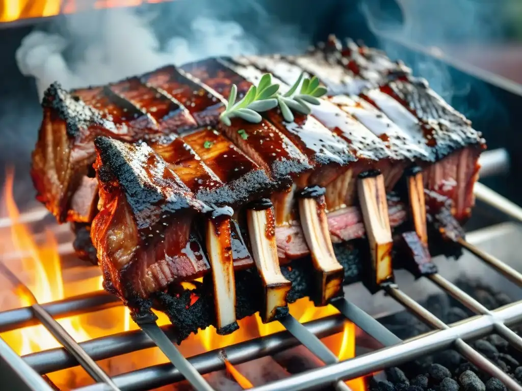 'Exquisitas costillas asándose en la parrilla con salsa BBQ, hierbas frescas y humo, ideal para Consejos para asado de costilla'