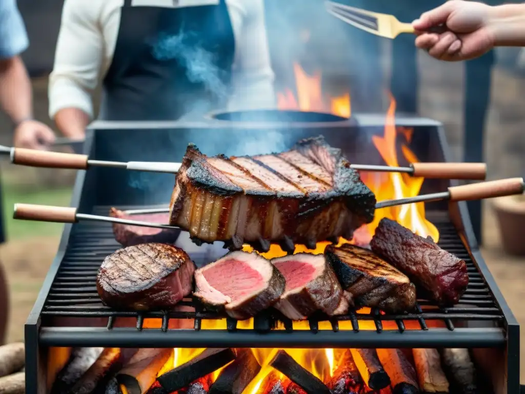 Exquisitas técnicas de asado uruguayo: pinzas de precisión volteando jugosos cortes sobre brasas calientes, rodeados de espectadores emocionados