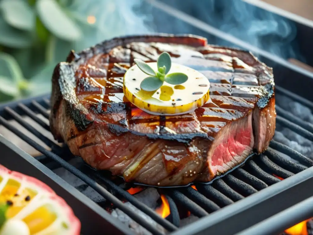 Exquisito asado de bife uruguayo con mantequilla de hierbas, sal marina y maridaje vino carne asado grasos