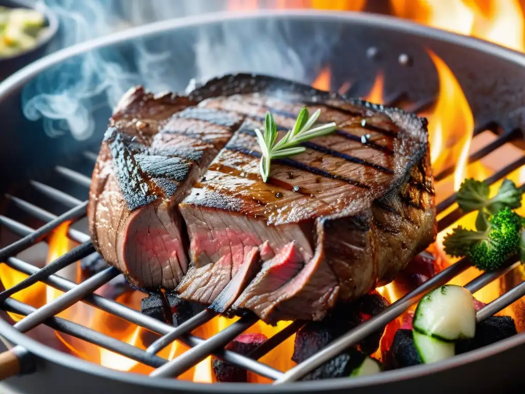 Exquisito asado con la química de la carne en su punto, rodeado de vegetales frescos y hierbas aromáticas en la parrilla