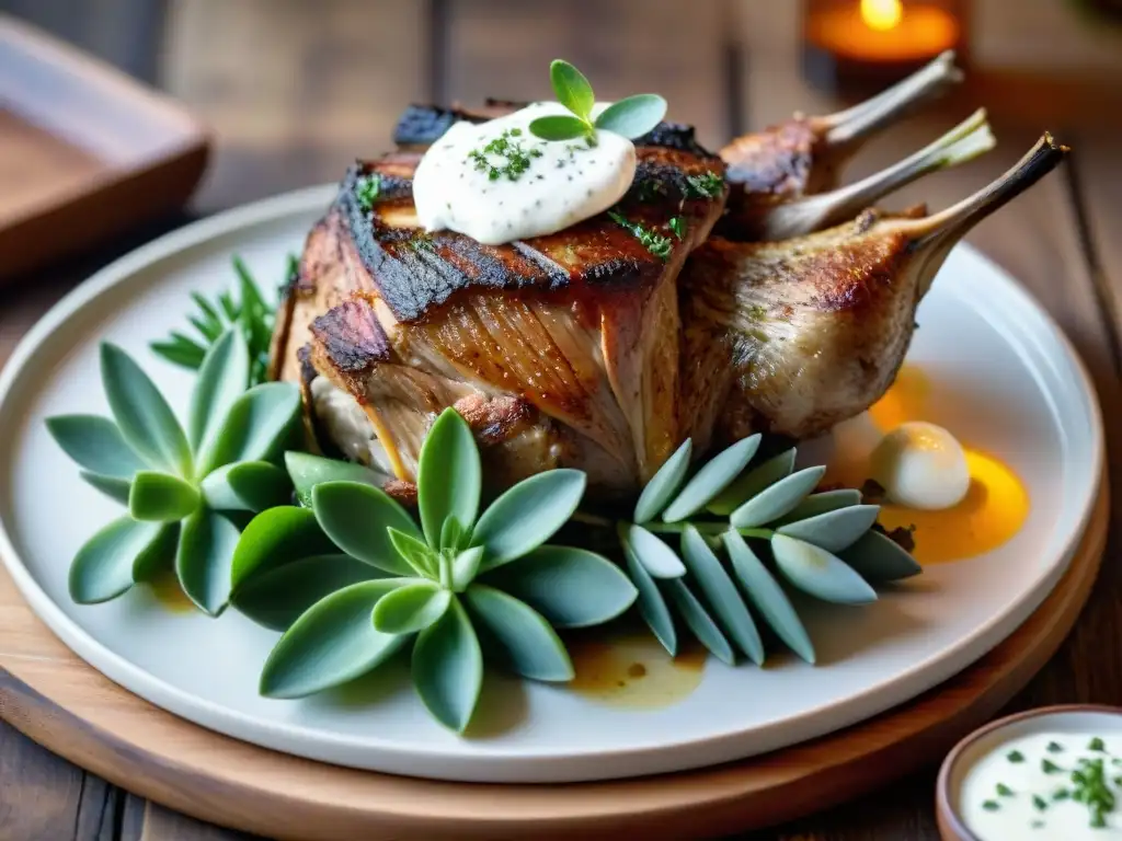 Un exquisito asado de cordero con menta y salsa de yogur, acompañado de hierbas frescas, en una presentación tentadora