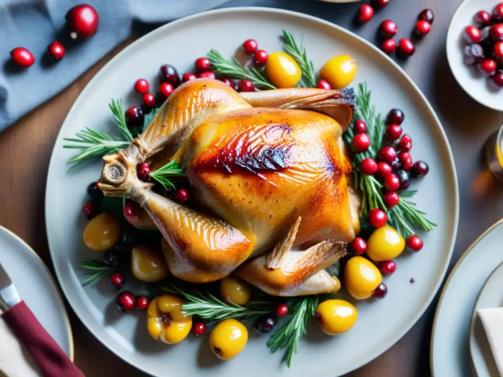 Un exquisito asado de pavo glaseado con arándanos, decorado con vegetales dorados y ramitas de romero