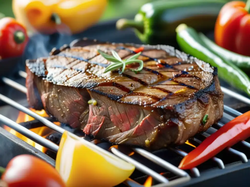 Exquisito asado bajo sodio: filete a la parrilla con verduras coloridas y marinada, en un ambiente veraniego y apetitoso