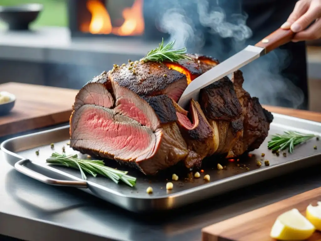 Un exquisito asado de tira marmoleado, sazonado con hierbas frescas y ajo, listo para hornear