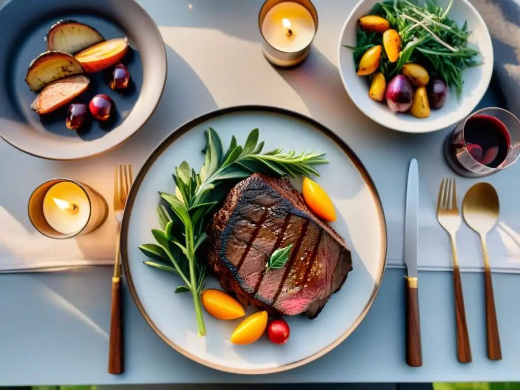 Exquisito asado uruguayo con carne de canguro: mesa elegante al aire libre con suculento filete y acompañamientos vibrantes