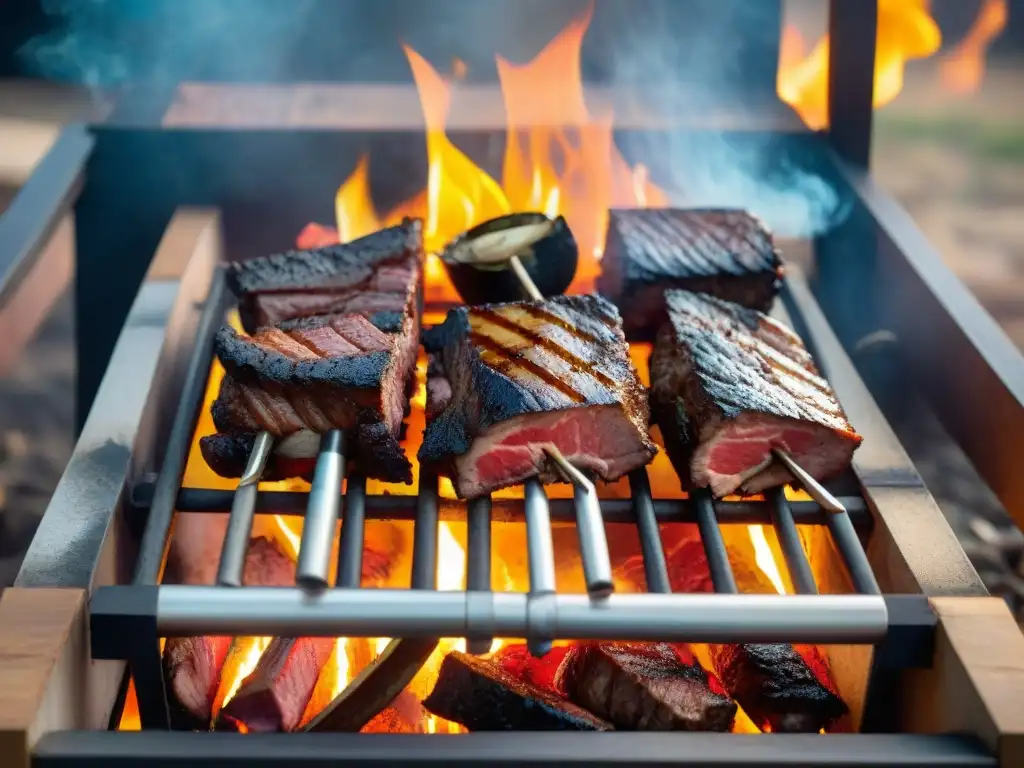 Exquisito asado uruguayo con cortes inusuales cocinándose sobre las llamas, una oda a la diversidad de sabores y texturas