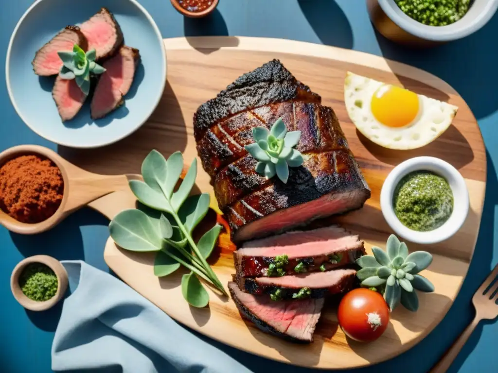 Un exquisito asado uruguayo en un entorno campestre, ideal para el maridaje con licores artesanales