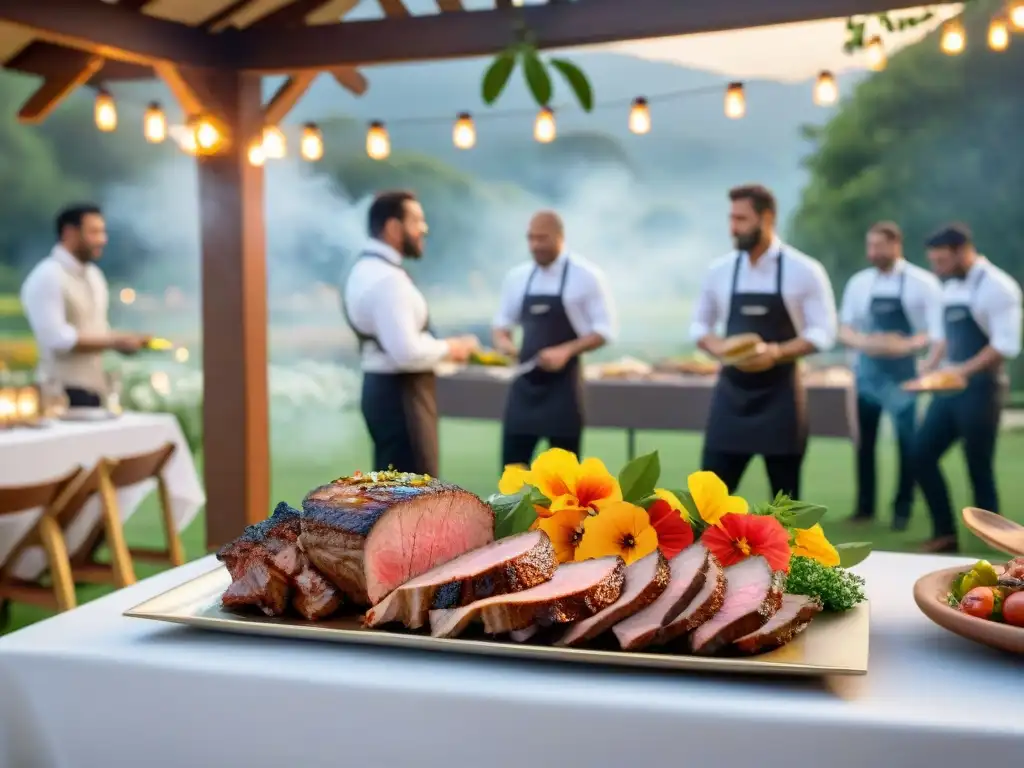 Exquisito asado uruguayo en evento corporativo con elegancia y luces doradas