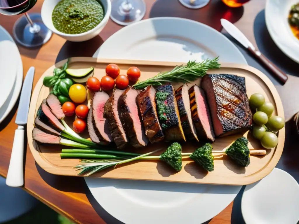 Un exquisito asado uruguayo para eventos corporativos, con carnes a la parrilla, chimichurri, verduras y vino tinto